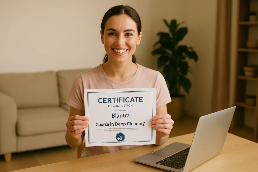 Mujer joven mostrando orgullosa su certificado digital del curso de limpieza profunda