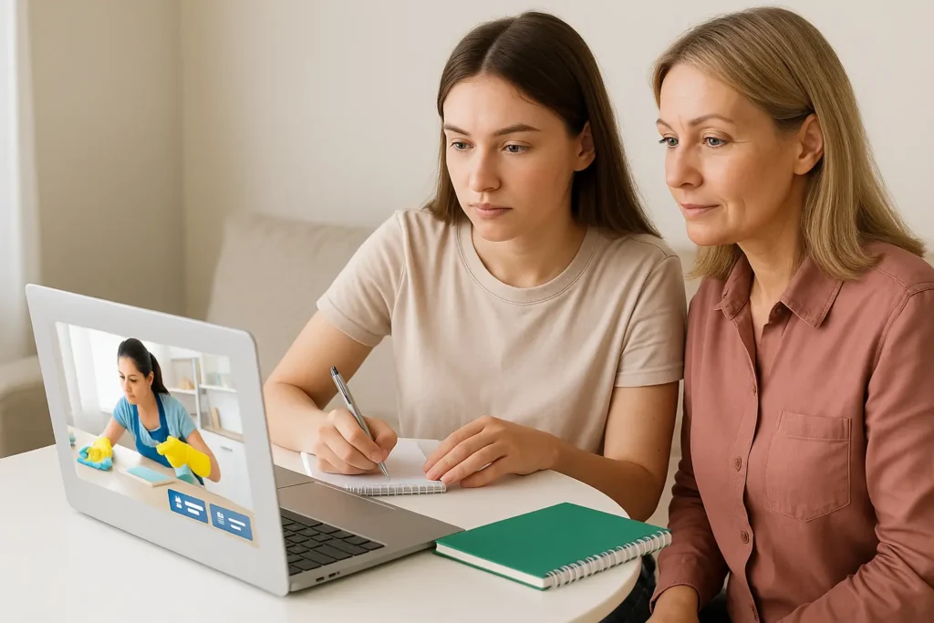 Mujeres viendo curso de limpieza profunda en línea con material descargable