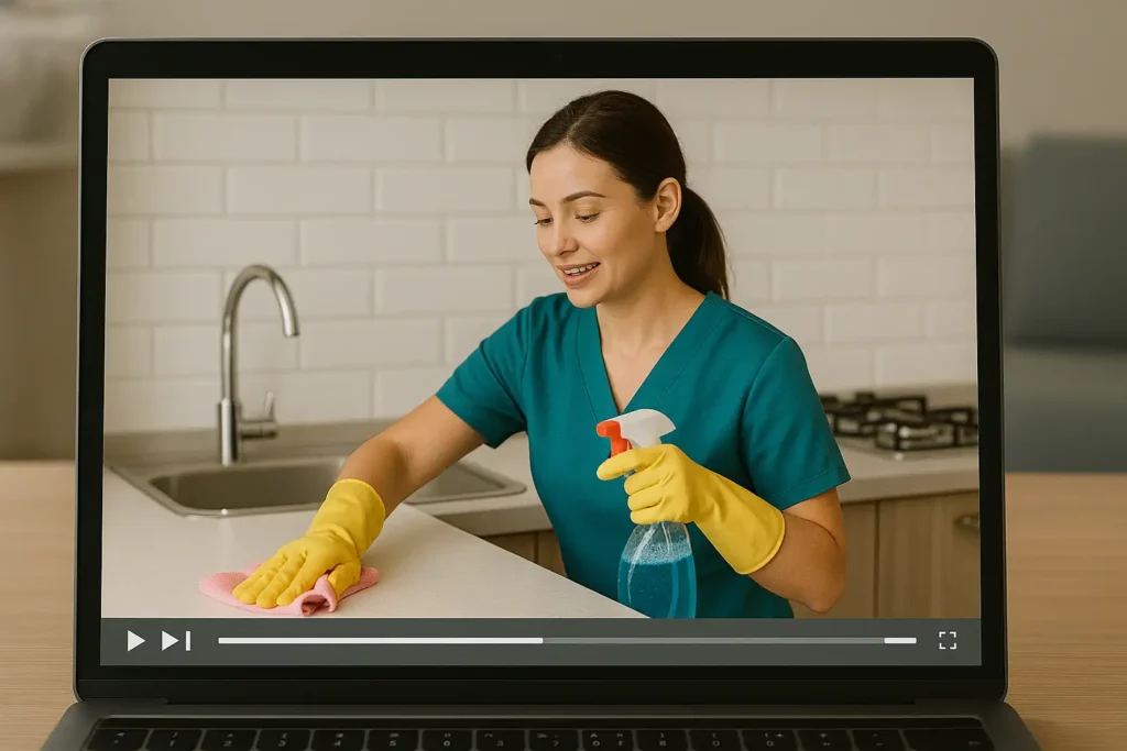 Instructora de limpieza enseñando paso a paso