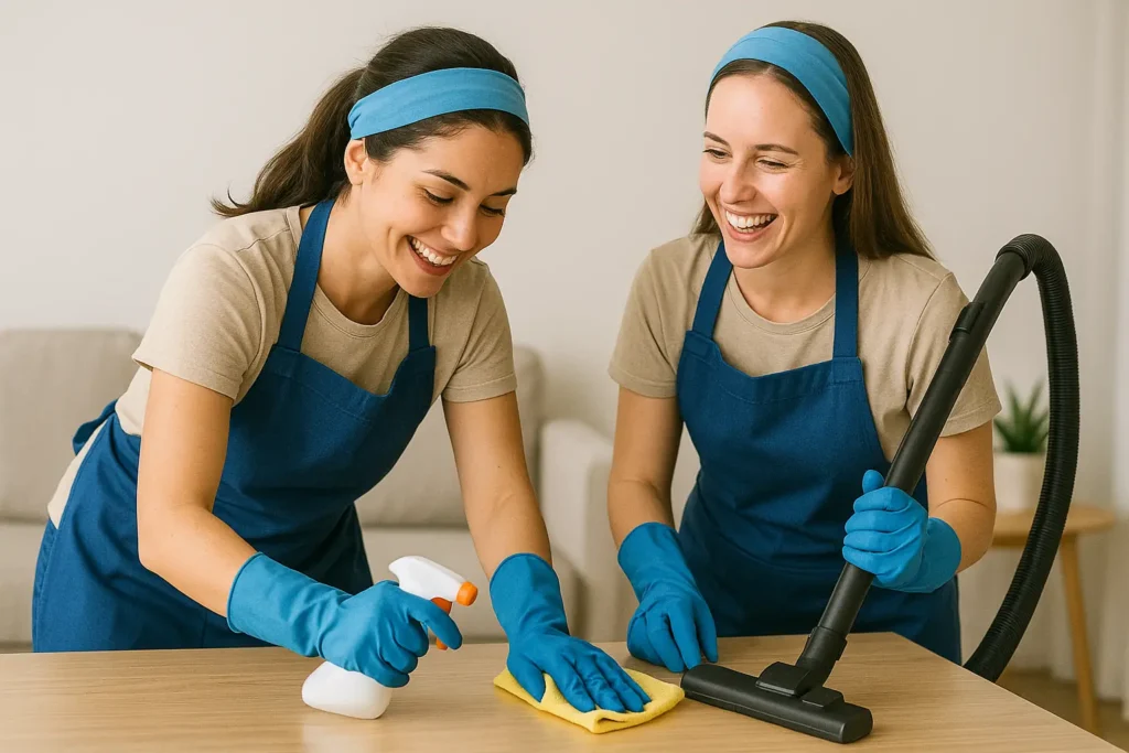 Mujeres trabajando en limpieza profesional con entusiasmo