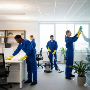 Equipo de limpieza coordinado aplicando estándares comunes.