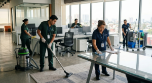 equipo profesional de limpieza trabajando con estándares