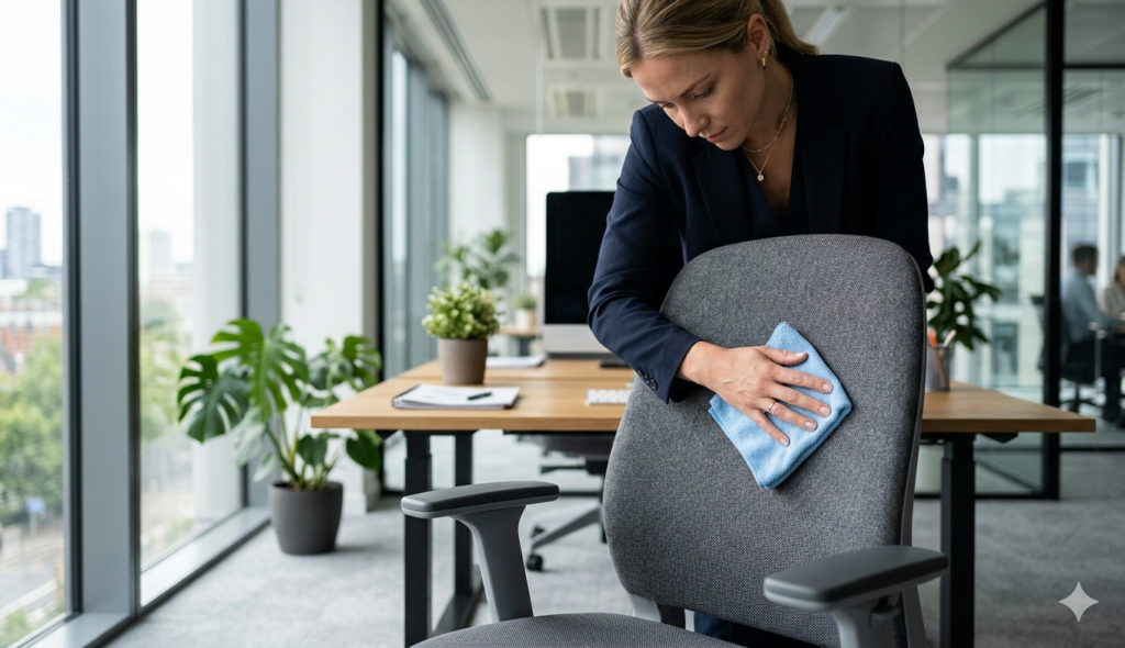 Persona limpiando una silla de oficina SITT de tela en una oficina moderna