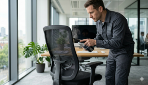 Limpieza de respaldo de malla en una silla de oficina ergonómica