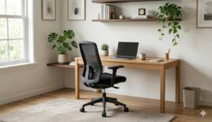 Espacio de trabajo limpio y organizado con silla ergonómica