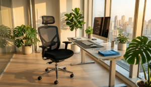 Espacio de trabajo organizado con silla ergonómica limpia